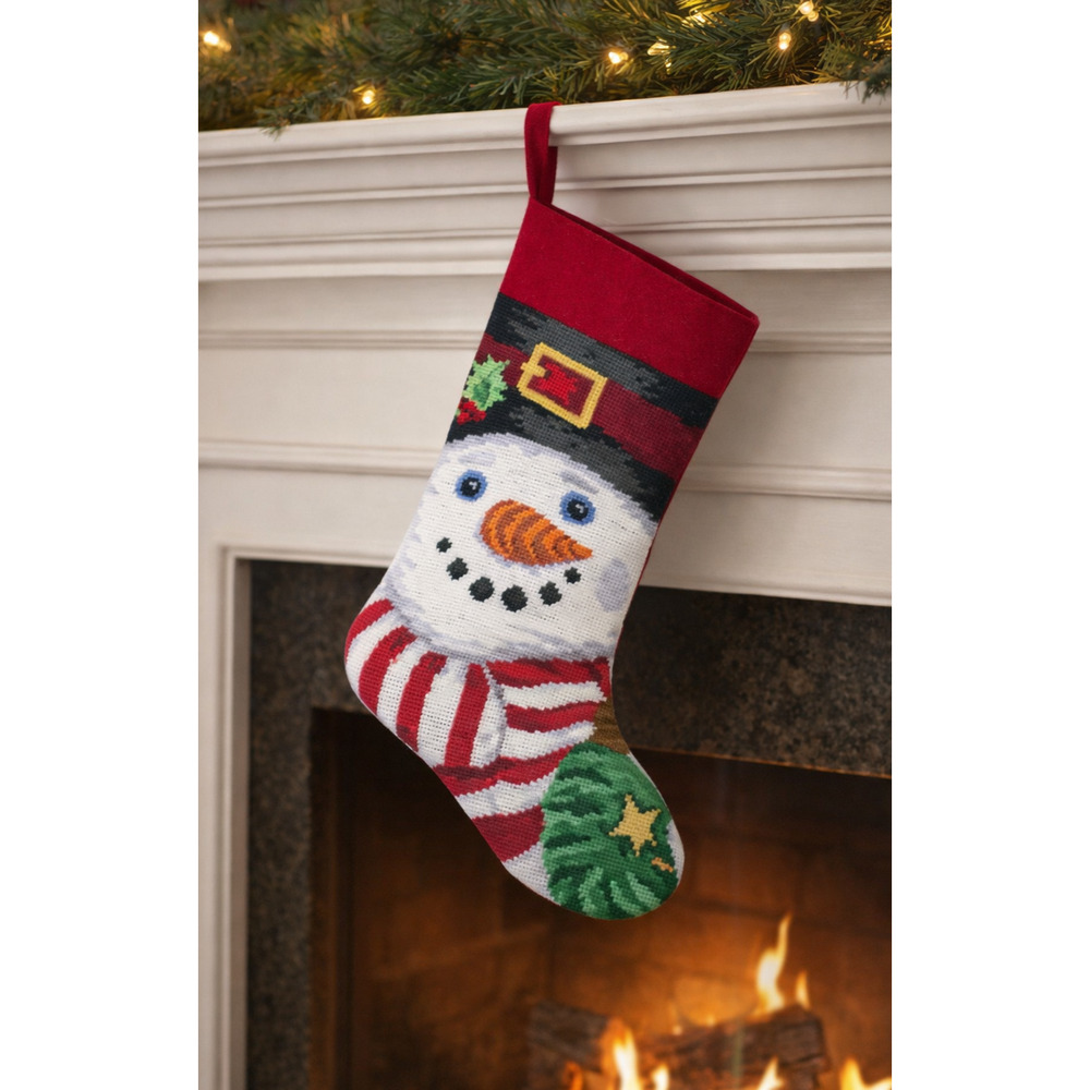 VTG 90s Lillian Vernon Christmas 20" Stocking Needlepoint Wool Snowman